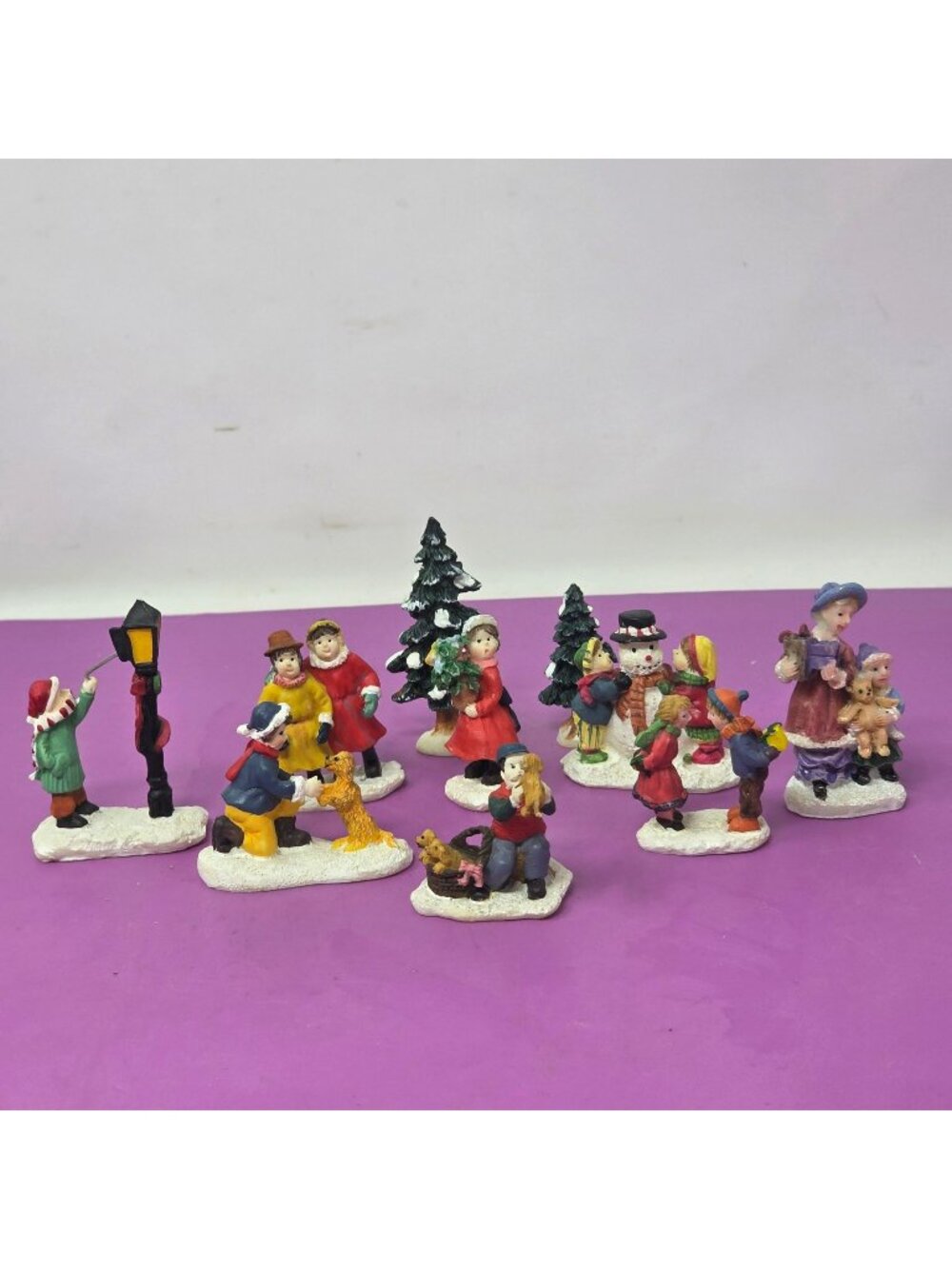 Set 10 Hand-Painted Christmas Village Figurines With Trees & Children Playing
